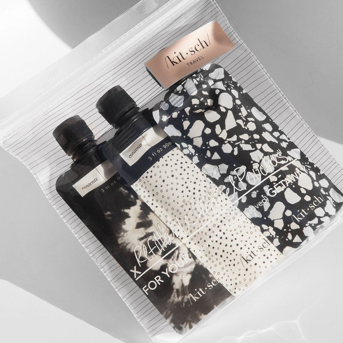 KITSCH Refillable Travel Pouches 3pc Set - Black & Ivory