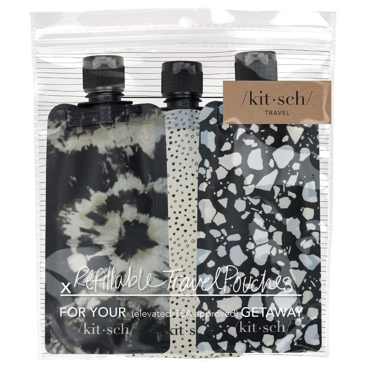 KITSCH Refillable Travel Pouches 3pc Set - Black & Ivory