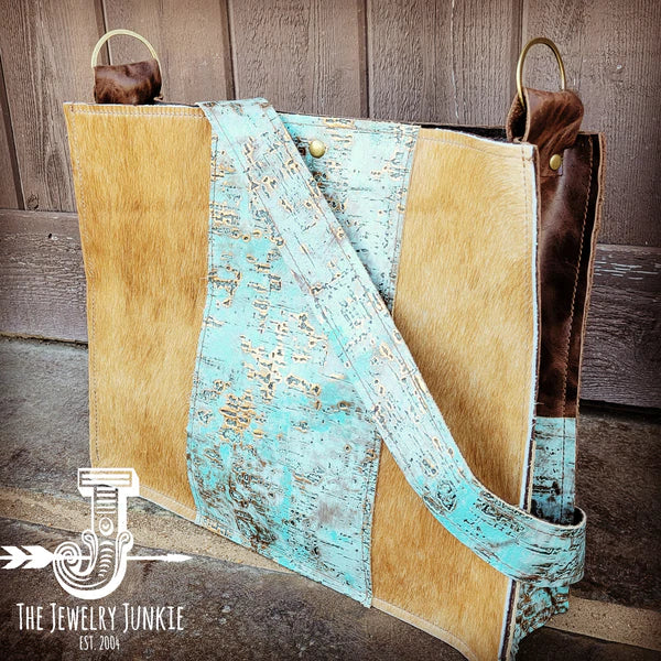 The Jewelry Junkie  Large Hair on Hide Box Handbag w/ Turquoise Metallic Accent 506p