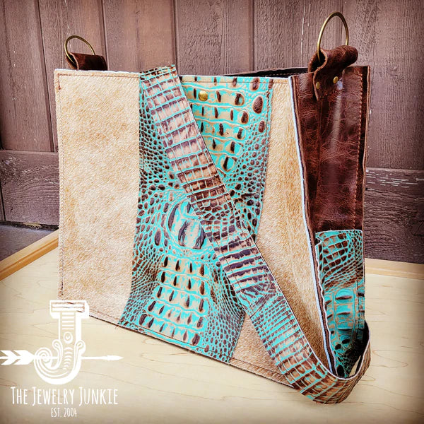 The Jewelry Junkie  Large Hair on Hide Box Handbag w/ Turquoise Gator Accent 507m