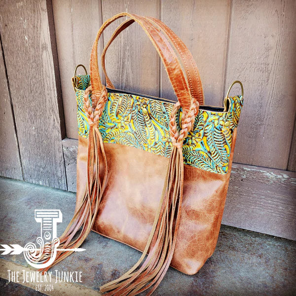 The Jewelry Junkie  Tejas Leather Bucket Hide Handbag with Dallas Turquoise Accent 506t