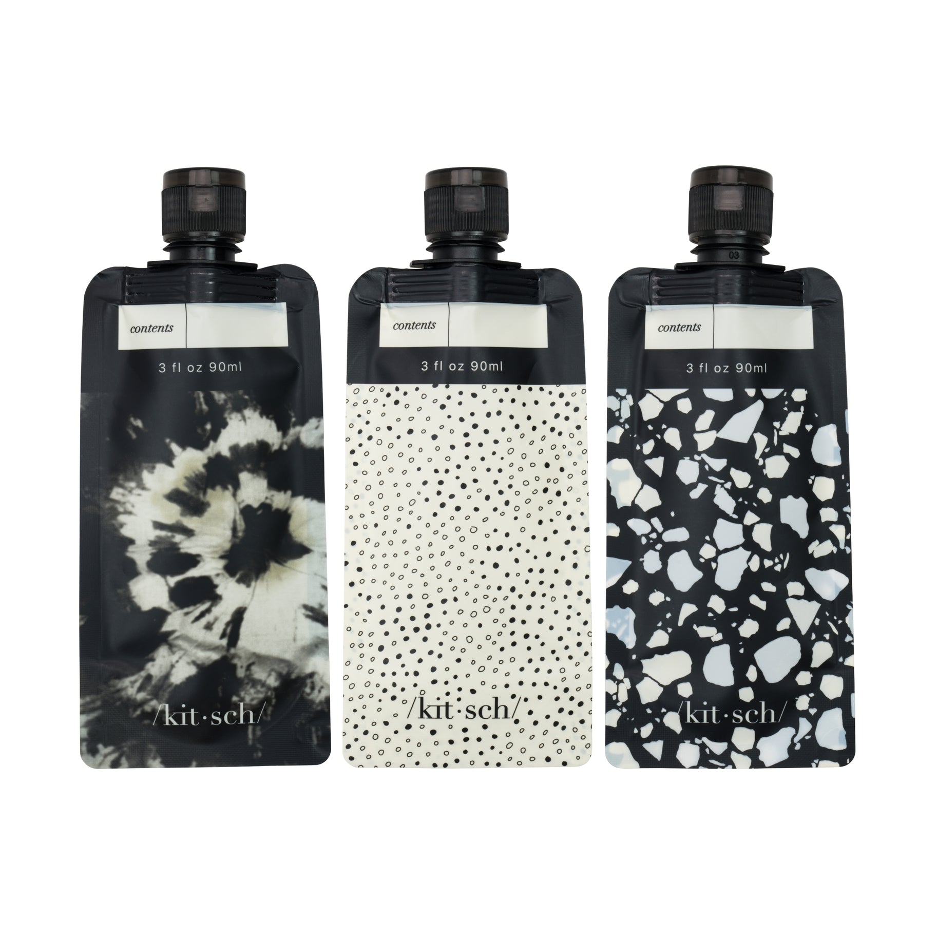 KITSCH Refillable Travel Pouches 3pc Set - Black & Ivory