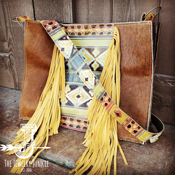 The Jewelry Junkie  Large Box Bag Hair on Hide with Yellow Navajo Insert and Fringe 506e