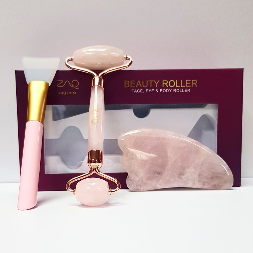 ZAQ Skin + Body Care Rose Quartz Facial Roller, Gua Sha Board + Brush Set