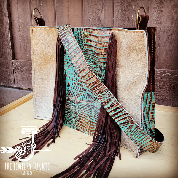 The Jewelry Junkie  Large Hair on Hide Box Handbag w/ Turquoise Gator Accent 507m