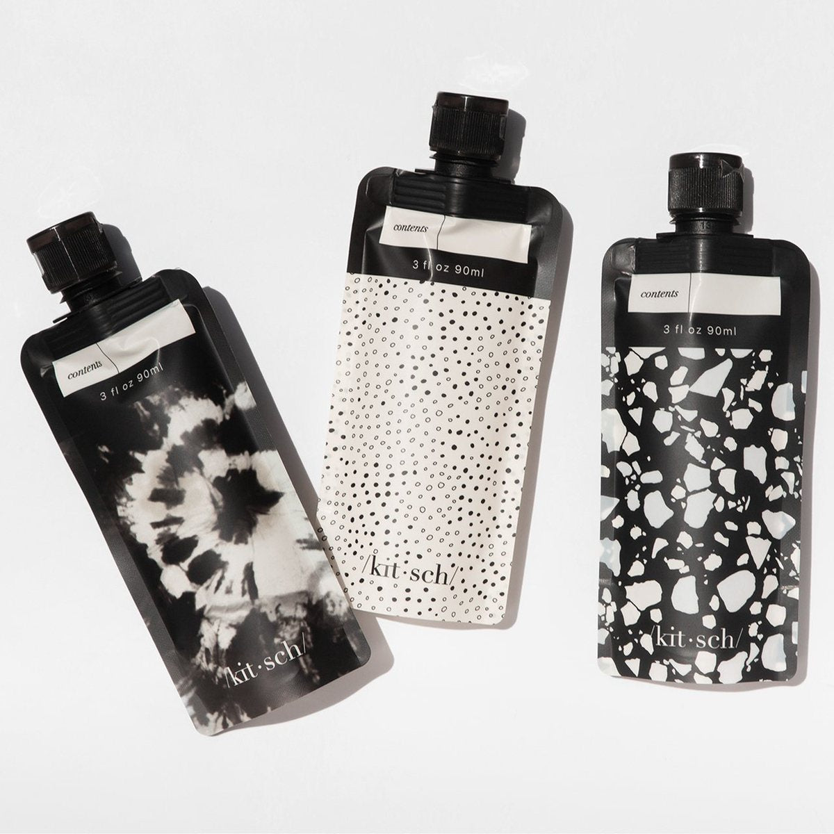 KITSCH Refillable Travel Pouches 3pc Set - Black & Ivory