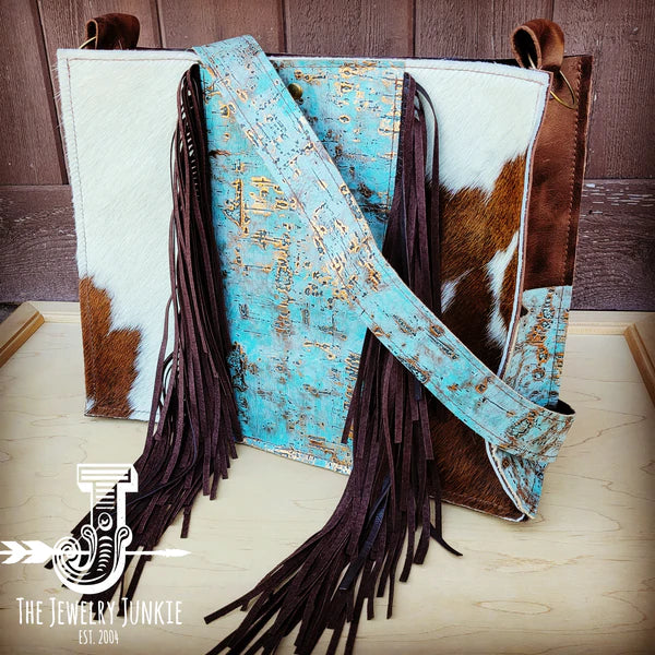 The Jewelry Junkie  Large Hair on Hide Box Handbag w/ Turquoise Metallic Accent 506p