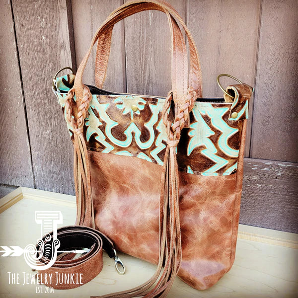The Jewelry Junkie  Tejas Leather Bucket Hide Handbag with Turquoise Laredo Accent 506u