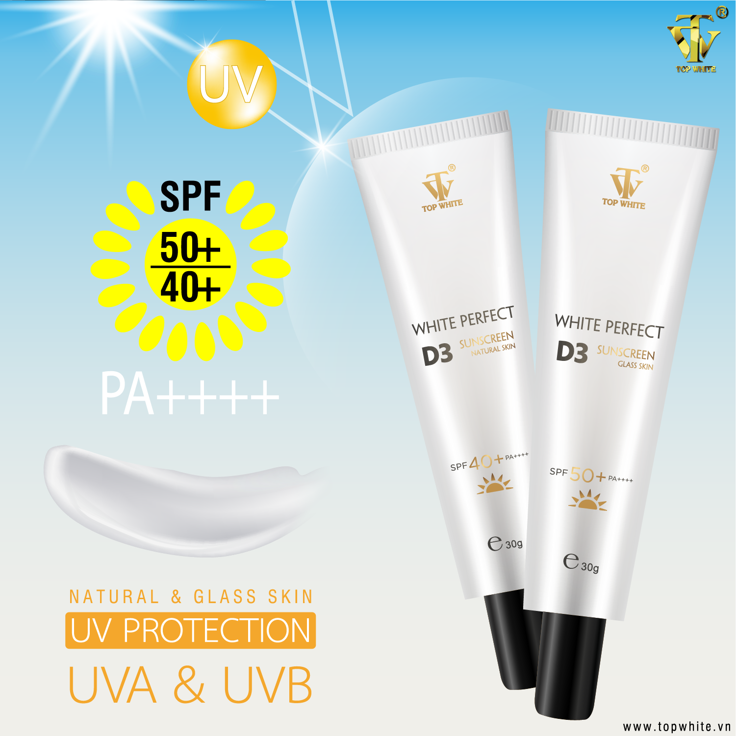 TOP WHITE WHITE PERFECT D3 CHỐNG NẮNG KEM NATURAL SKIN SPF40+ PA++++ & 50
