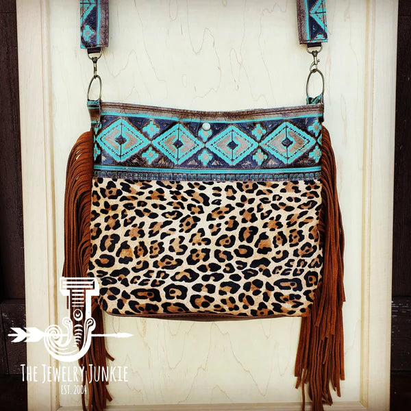 The Jewelry Junkie  Tejas Leather Bucket Leopard Handbag with Santa Fe Accent 505g