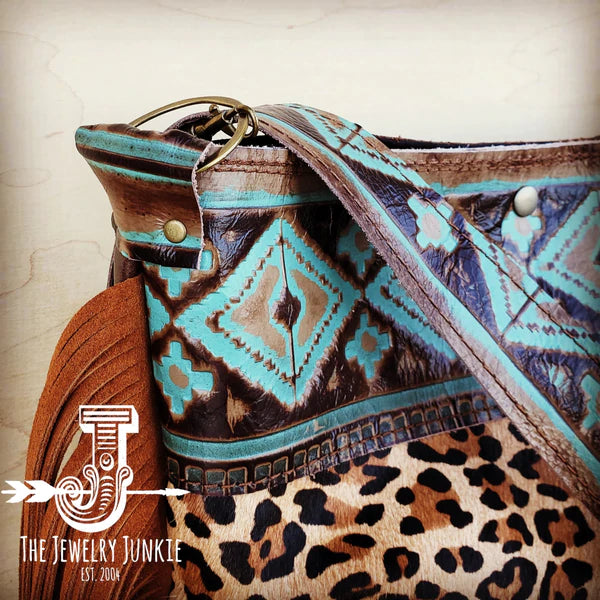 The Jewelry Junkie  Tejas Leather Bucket Leopard Handbag with Santa Fe Accent 505g