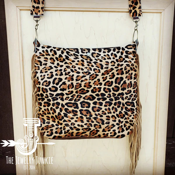 The Jewelry Junkie  Tejas Leather Bucket Leopard Handbag with Tan Fringe 505h