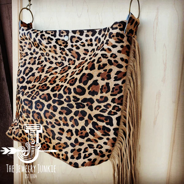 The Jewelry Junkie  Tejas Leather Bucket Leopard Handbag with Tan Fringe 505h