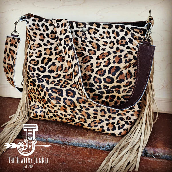 The Jewelry Junkie  Tejas Leather Bucket Leopard Handbag with Tan Fringe 505h