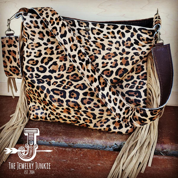 The Jewelry Junkie  Tejas Leather Bucket Leopard Handbag with Tan Fringe 505h