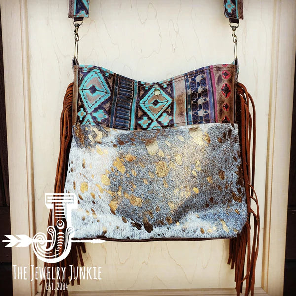 The Jewelry Junkie  Tejas Leather Bucket Metallic Handbag with Santa Fe Accent 505f