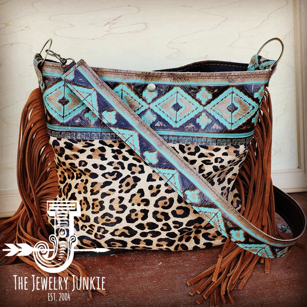 The Jewelry Junkie  Tejas Leather Bucket Leopard Handbag with Santa Fe Accent 505g