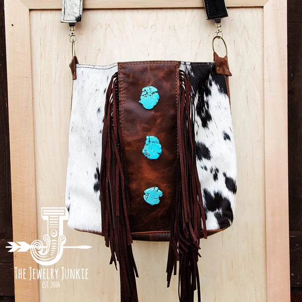 The Jewelry Junkie  Tejas Leather Bucket Handbag w/ Brown Fringe & Turquoise Slabs 505p