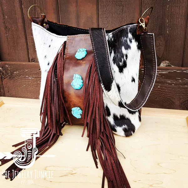 The Jewelry Junkie  Tejas Leather Bucket Handbag w/ Brown Fringe & Turquoise Slabs 505p