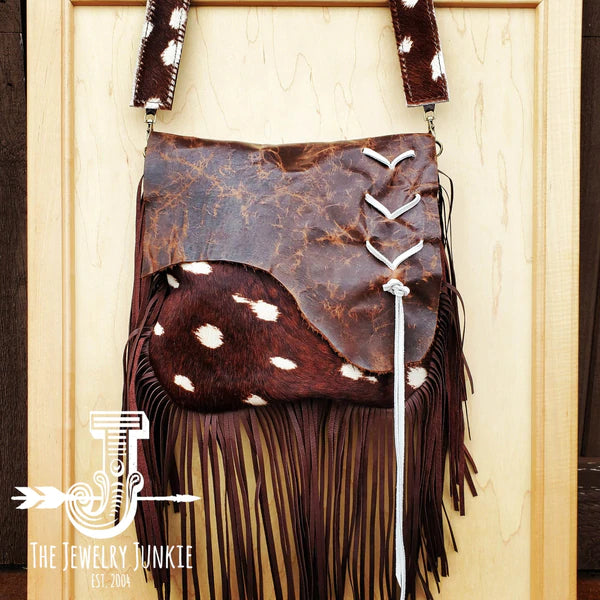 The Jewelry Junkie  Hair on Hide Deer Axis Print Handbag w/ Flap and Braid Accent 505z