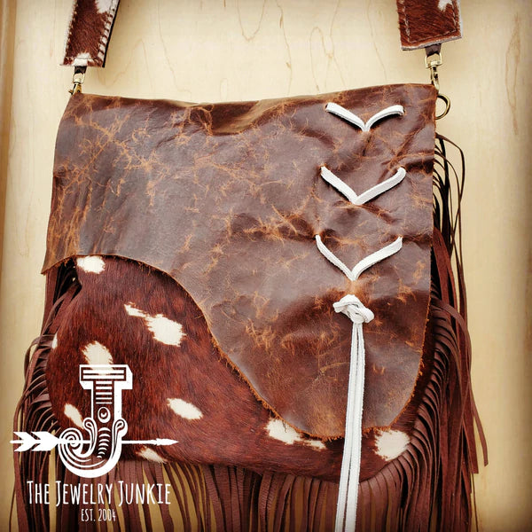 The Jewelry Junkie  Hair on Hide Deer Axis Print Handbag w/ Flap and Braid Accent 505z