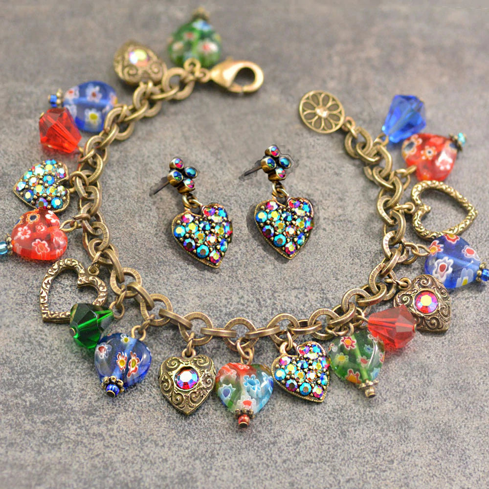 Sweet Romance Millefiori Glass Hearts Charm Bracelet and Earrings SET