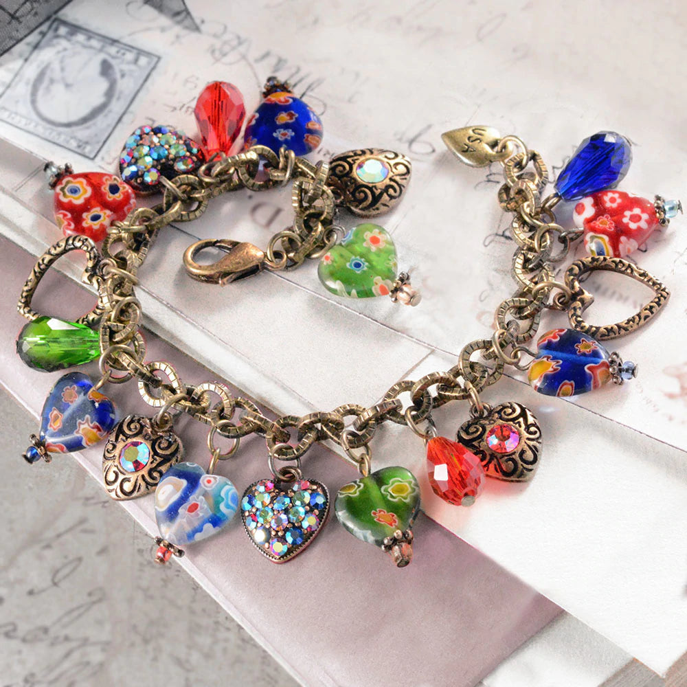 Sweet Romance Millefiori Glass Hearts Charm Bracelet and Earrings SET