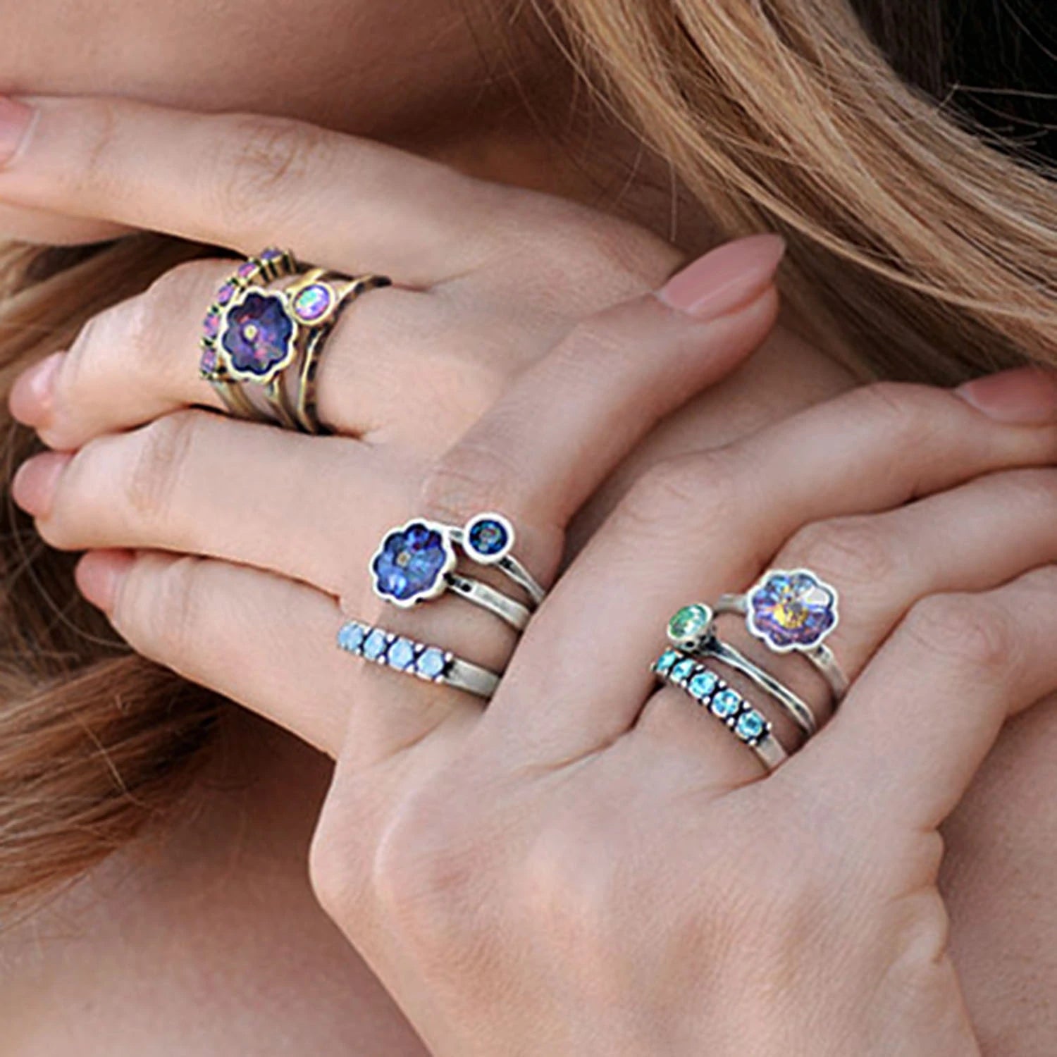 Sweet Romance Vintage Flower Crystal Stack Ring Set R565