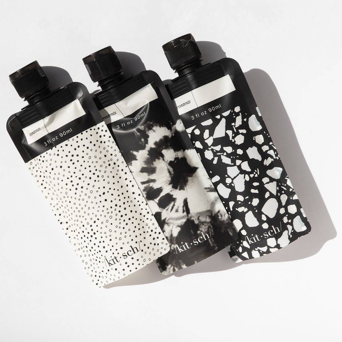 KITSCH Refillable Travel Pouches 3pc Set - Black & Ivory