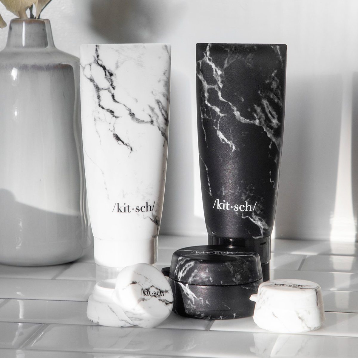 KITSCH Refillable Silicone Bottle 2PC Set - Black & White Marble
