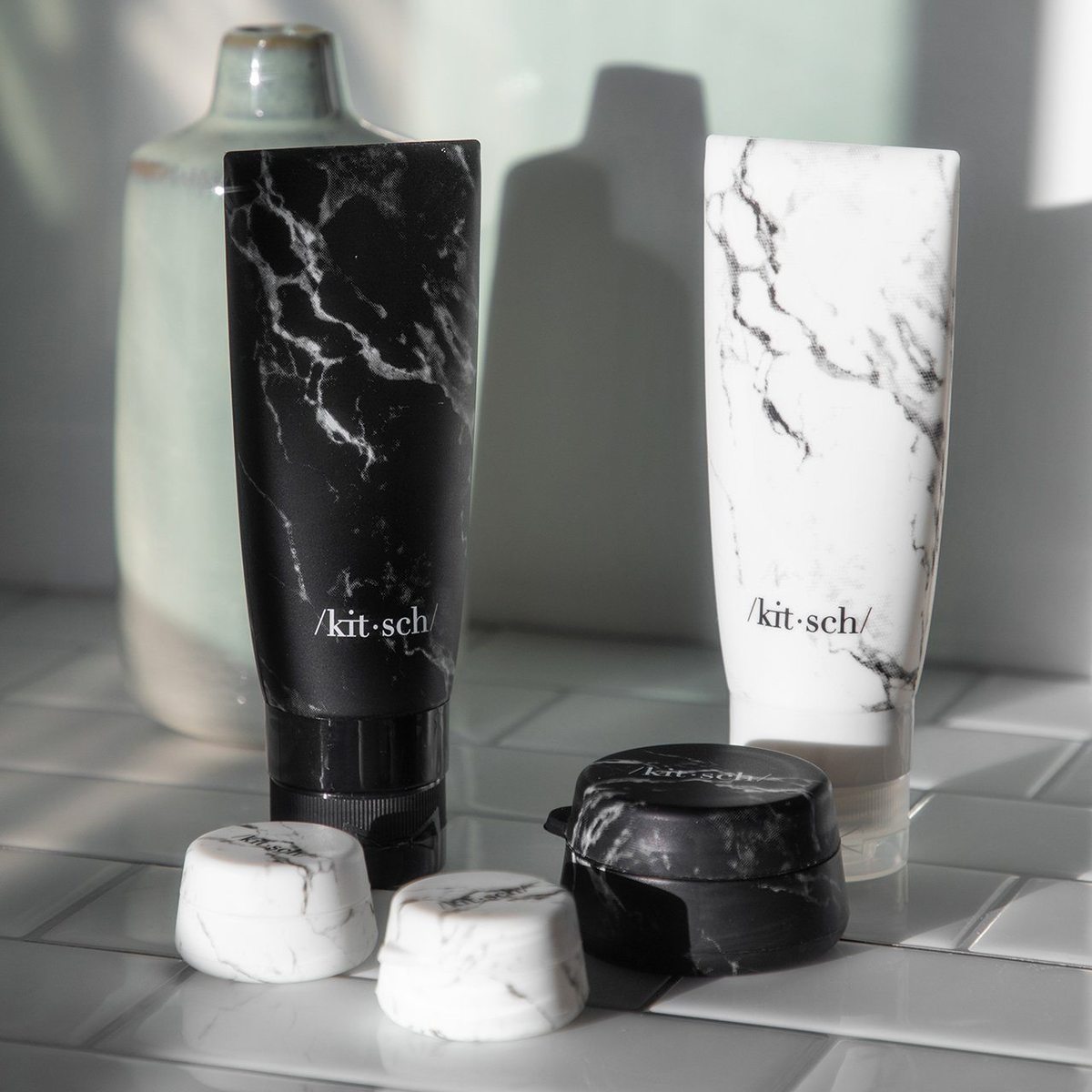 KITSCH Refillable Silicone Bottle 2PC Set - Black & White Marble