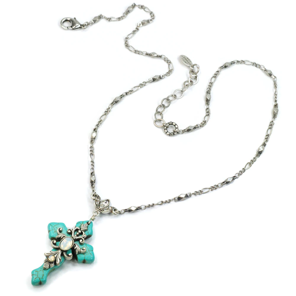 Sweet Romance Turquoise Cross and Opal Stone Necklace