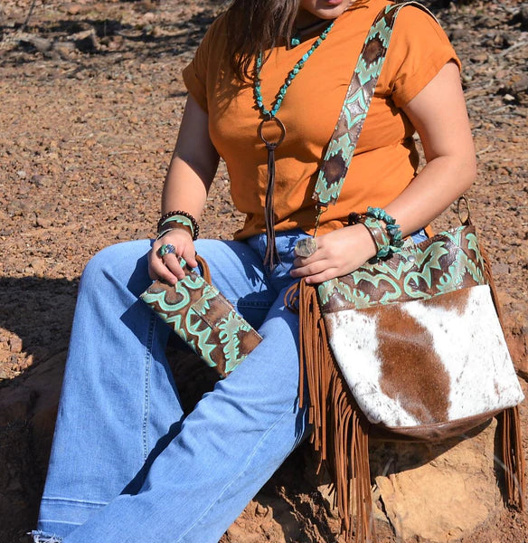 The Jewelry Junkie  Tejas Leather Bucket Hide Handbag with Turquoise Laredo Accent 505i