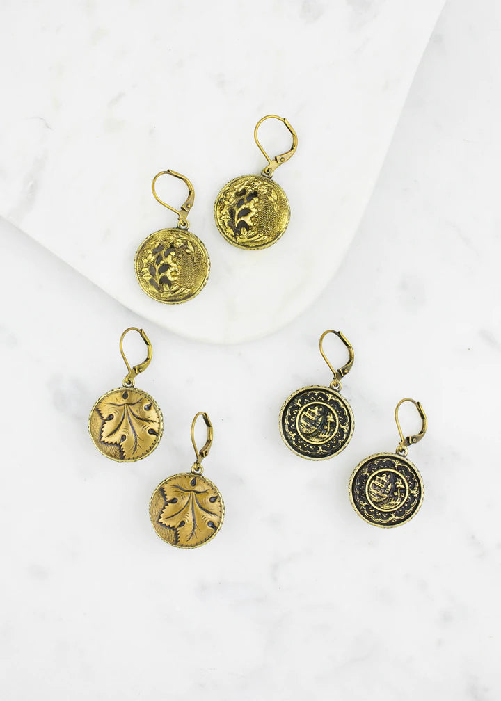 Grandmother's Buttons Large Antique Button Brass Earrings [PRE-ORDER] (Buy 2 Get 1 Free Mix & Match)