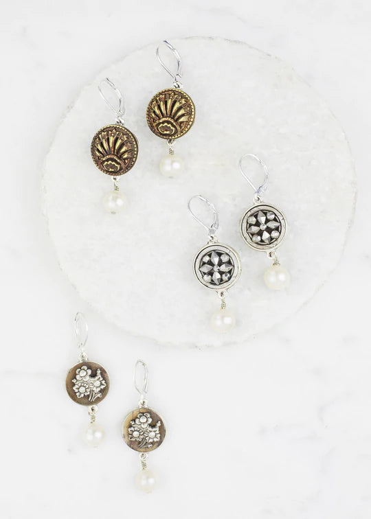 Grandmother's Button Antique Button With Pearl [PRE-ORDER] Silver Earrings (Buy 2 Get 1 Free Mix & Match)