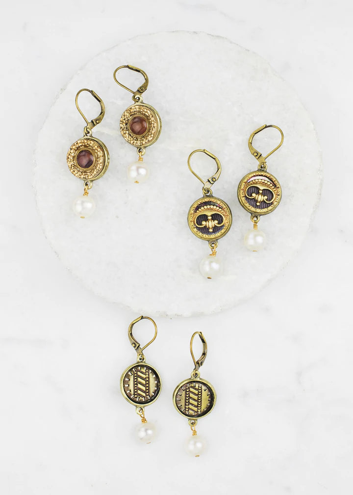Grandmother's Buttons Antique Button with Pearl Brass Earrings [PRE-ORDER] (Buy 2 Get 1 Free Mix & Match)
