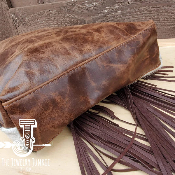 The Jewelry Junkie  Tejas Leather Bucket Handbag w/ Brown Fringe & Turquoise Slabs 505p