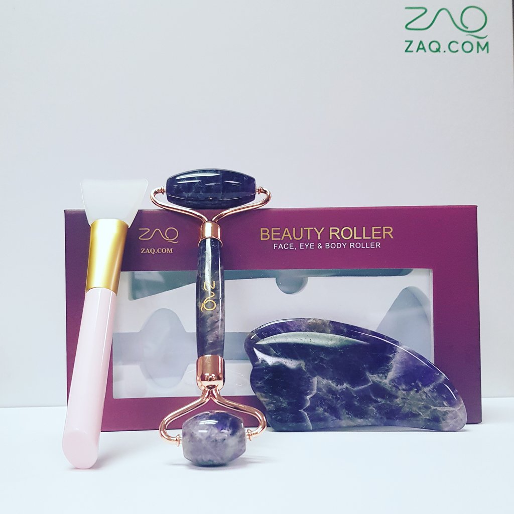 ZAQ Skin + Body Care Zaq Amethyst Facial Roller, Gua Sha, Brush Set