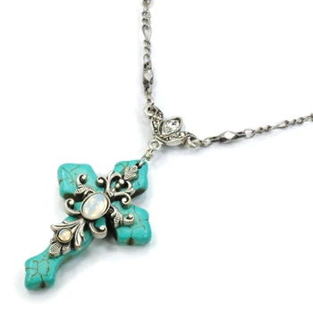 Sweet Romance Turquoise Cross and Opal Stone Necklace