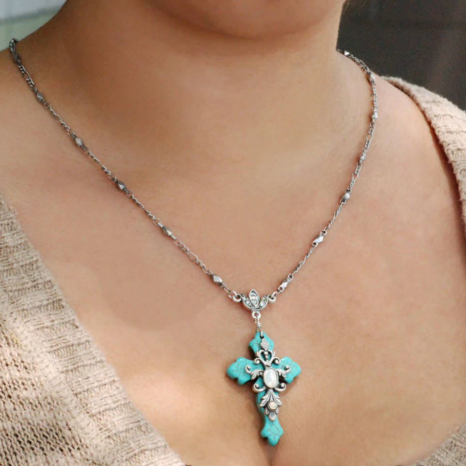 Sweet Romance Turquoise Cross and Opal Stone Necklace